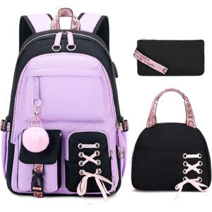 ACESAK Backpacks for Girls, Girls Backpack with Lunch Box and Pencil Case for Teen Kids Elementary Middle High School College Student, Children School Backpack Bookbag with USB Charging Port (Purple)