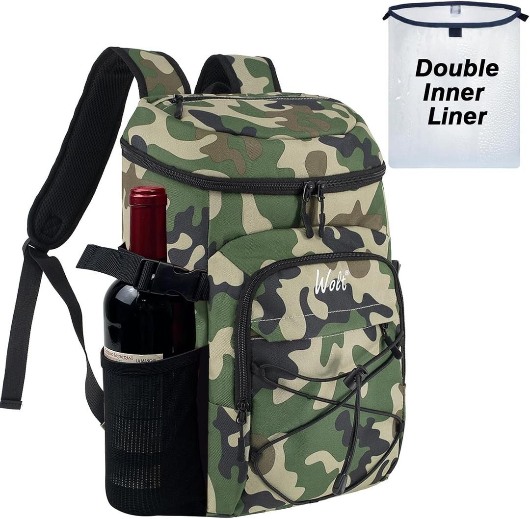 WOLT Cooler Backpack,24 Cans Insulated Backpack Cooler Leakproof,Lightweight Soft Cooler Bag,Camping Cooler,Large Capacity Beach Cooler,Waterproof Travel Cooler Lunch Backpack for Hiking (CamoGreen)