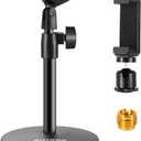 BILIONE 3 in 1 Multi Function Desktop Microphone Stand, Adjustable Table Mic Stand with Microphone Clip, Cell Phone Clip, 5/8" Male to 3/8" Female Metal Adapter (Classic Edition)
