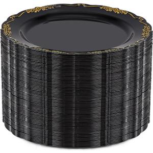 DaYammi 60PCS Black and Gold Plastic Plates, Heavy Duty Black and Gold Disposable Plates Premium 7.5 inch Dessert Cake Salad Appetizer Plate Hard Plastic Plate Disposable for Party Wedding