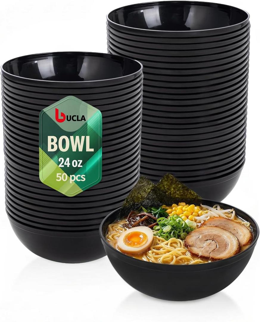bUCLA 50 Pack Black Plastic Serving Bowls - 24oz Black Disposable Bowls for Dessert, Soup, Cereal, Salad & Fruit - Ideal for Wedding & Party