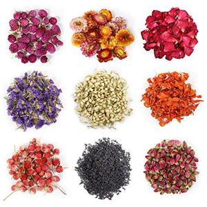 9 Bags Dried Flowers,100% Natural Dried Flowers Herbs Kit for Soap Making, DIY Candle Making,Bath - Include Rose Petals,Lavender,Don't Forget Me,Lilium,Jasmine,Rosebudsand More