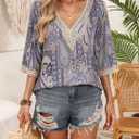 IRISGOD Womens 3/4 Length Sleeve V Neck Tops Dressy Casual Chiffon Blouse Summer Floral Bohemian 2025 Tredny Shirts (M)