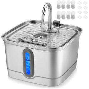 Stainless Steel Cat Water Fountain, 101oz/3L Automatic Pet Water Fountain, Dog Water Fountain with Replacement Filters for Cats, Small Dogs (8 Filters and 8 Sponges)