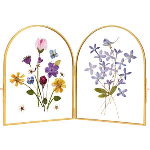 Double Glass Frame for Pressed Flowers Handmade, Pressed Flower Frame, Hinged Tabletop Brass Photo Frames, Dried Flower Display Folding Picture Frame for Home, ArcShaped, Gold, 810 Inches (8L" x 10W")