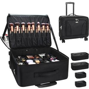 Relavel Rolling Makeup Case, Extra Large Travel Train Case with 360 Spinner Wheels, 3 Layer with Insulation Compartment & Four Clear Storage Bags, Professional Makeup Artist Bag Set, Black