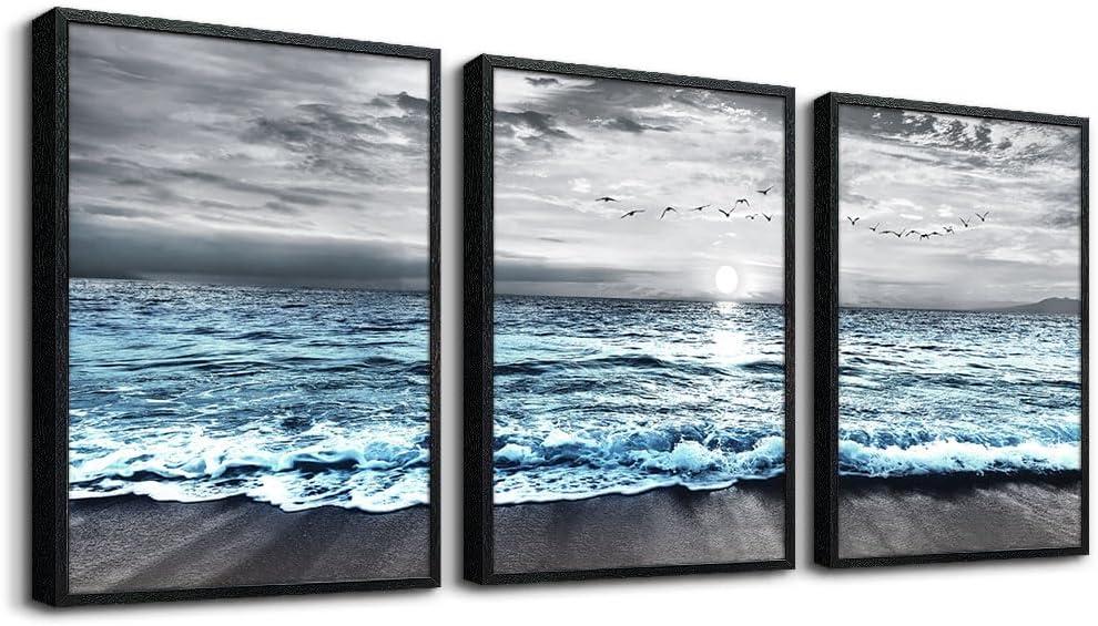 Black Framed Canvas Wall Art For Living Room Wall Decorations For Bedroom Wall Decor Black And White Wall Painting Blue Ocean Sea Wave Pictures Artwork For Modern Beach Posters Home Decor 3 Piece (16x24inches*3pcs(Black Framed), Blue Ocean Landscape Paintings Black Framed)