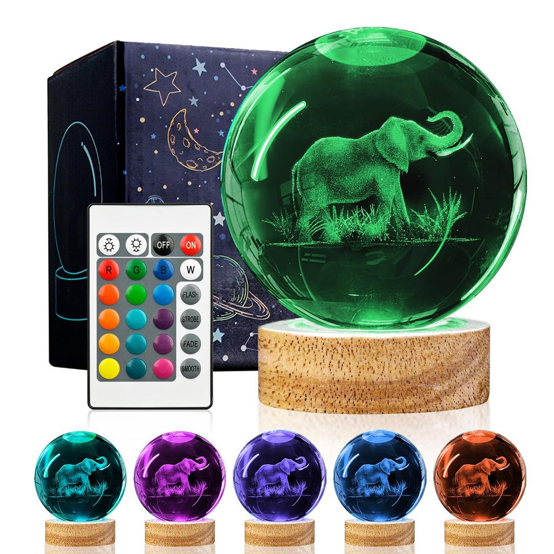 WJNYZWBW 3D Elephant Crystal Ball Night Light with 16 Color LED Wooden Base with Remote Control，3.15 Inch Axolotl Glass Ball，Cool Desk Decor Gifts for Kids Girls Boys Friends Fans (Elephant)