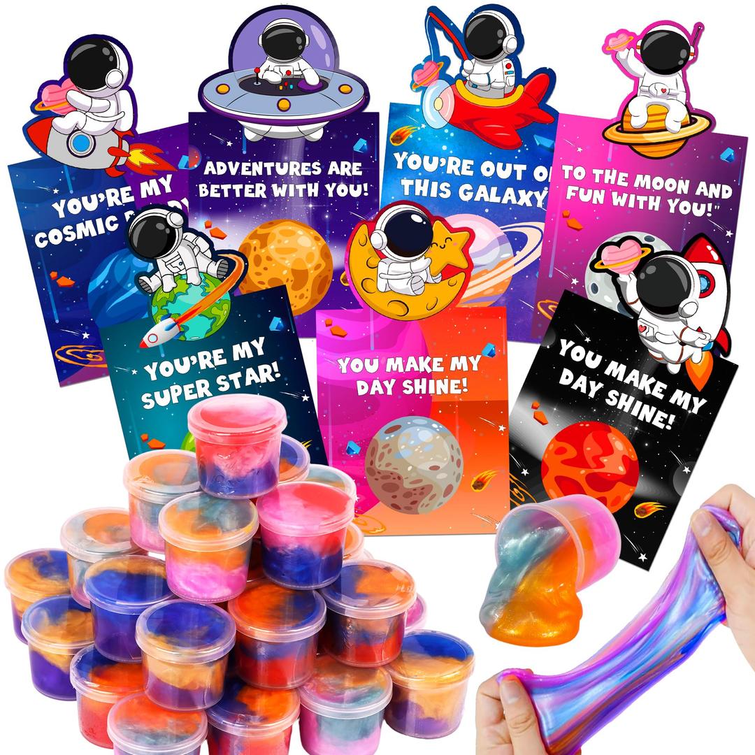 28 Pack Valentines Day Gifts for Kids Classroom, Galaxy Slime Kit Valentines Cards for Kids School Class, Valentines Day Slime Fidget Toys Valentines Exchange Cards Valentines Party Favors Boys Girls