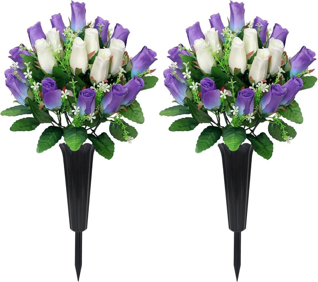 2 Sets Artificial Cemetery Flowers with Vase Memorial Flowers Bouquet & Heavy-Ground Spike Vases Fade-Proof, Windproof Grave Memorial Flowers for Cemetery Headstones Decoration (purple white)
