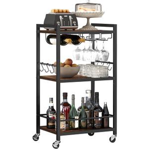 TUTOTAK Bar Cart, Home Bar Serving Cart, Microwave Cart, Drink Cart, Mobile Kitchen Shelf with Wine Rack and Glass Holder, Rolling Beverage Cart for Living Room, Kitchen, Brown BC01BB032 (13"D x 17"W x 33"H)