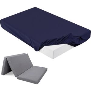 Breling Fitted Sheet (Sheet Only) Compatible with Milliard Trifold Mattress Folding Mattress Fitted Microfiber Bedsheet for Camp Bunk Rvs Bed (Queen,4'',Navy Blue)