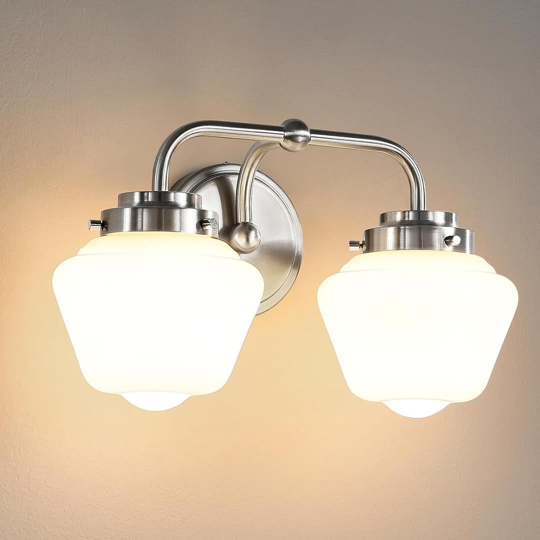 Bathroom Vanity Light Fixtures: 2-Lights Vanity Lighting Fixtures with Frosted Milky Glass Shades, Hardwired 11 in Brushed Nickel Vanity Lights Over Mirror (Exclude E26 Bulb)