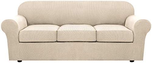 H.VERSAILTEX 4 Piece Stretch Couch Covers for 3 Cushion Couch Sofa Furniture Slipcovers Feature Upgraded Thicker Jacquard Fabric (Sofa, Natural)