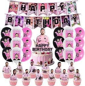42Pack Party Supplies Pack Includes Banner Cake Topper, Black drop, Balloons for Soccer party Decoration, Pink
