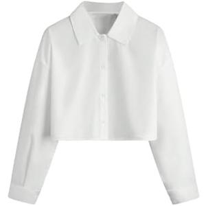 SHENHE Girl's Collared Long Sleeve Button Down Shirts Loose Basic Cropped Blouse Top, Size Small