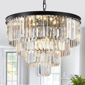 Modern Black Crystal Chandeliers,24 Ceiling Round Chandelier,Luxury Flush Mount Pendant Light Fixture with Chain Farmhouse 4 Tiers K9 Chandelier for Dining Room Bedroom Foyer