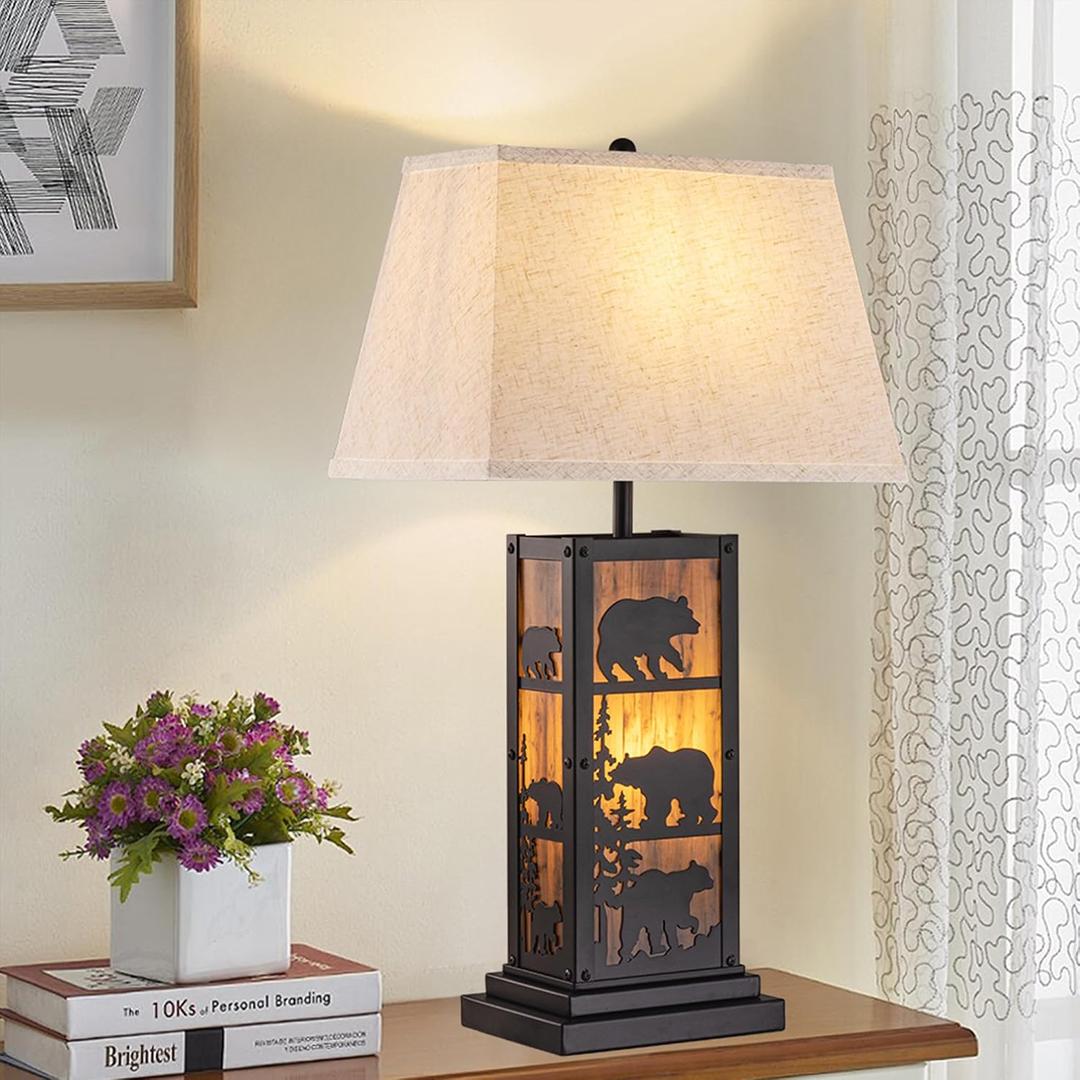Wellmet 27" H Farmhouse Table Lamp, 2 Lights Vintage Rustic Nightstand Lamp | Black Modern E26 Base Dimmable Bedside Table Lamp With ON/OFF Switch for Living Room,Desk Reading,Entryway,Western Home Decor