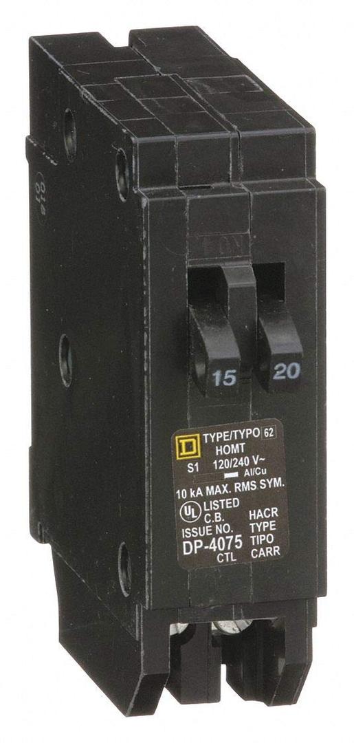 Square D Plug in Circuit Breaker, HOM, Number of Poles 1, 15/20 Amps, 120/240VAC, Tandem