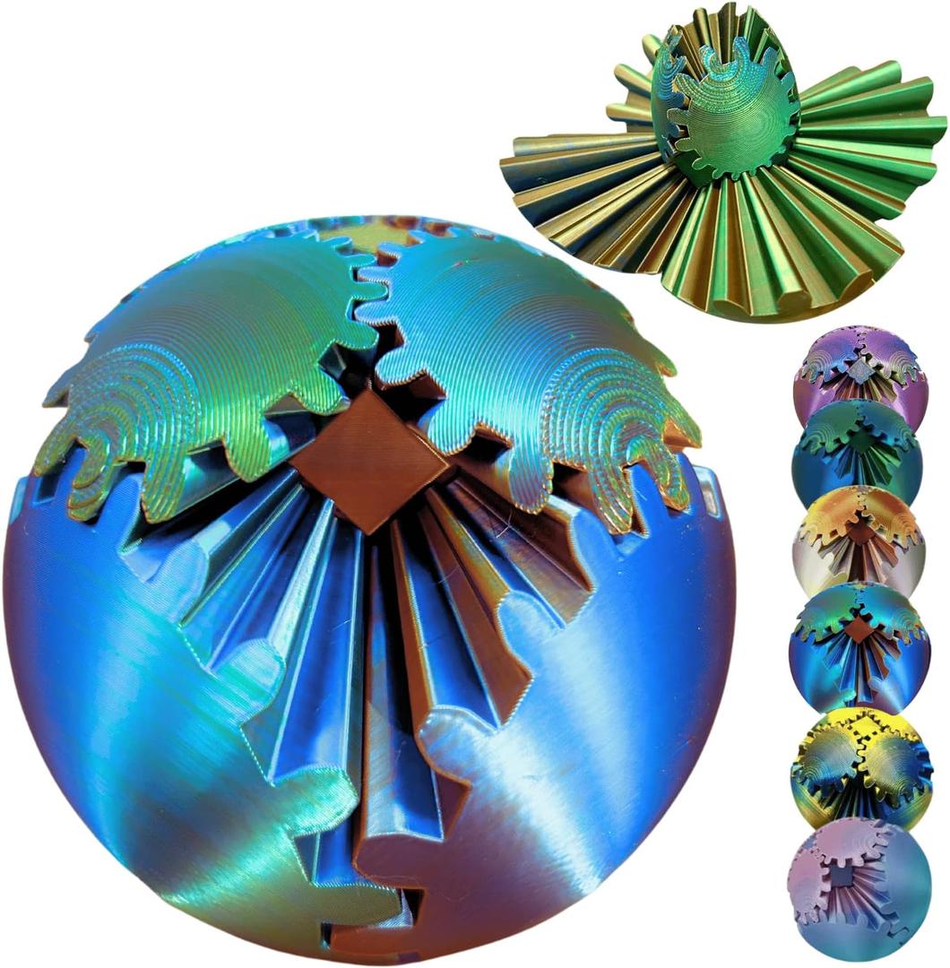 Gear Ball 3D Printed Spin Ball Cube Fidget Toys, Gear Sphere Fidget Toy, GearSphere Desk Toy Stress Fidget Balls, Fidgets Spinners for Adults & Kids Anxiety Relaxing (Laser Blue Gold, 3.1 Inch)