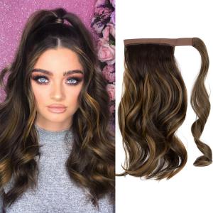 CJL HAIR 14" Short Ponytail Hair Extension Wrap Around Pony Tail Clip in Curly Wavy Synthetic Fake Hairpiece for Women Dark Brown/Golden Blonde