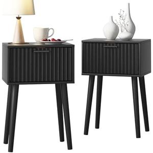 LAATOOREE Nightstands Set of 2, Small Side Table, Bedside Table with Fluted Door, Solid Wood Feet; Modern Mid-Century End Table for Bedroom, Small Space (Black)