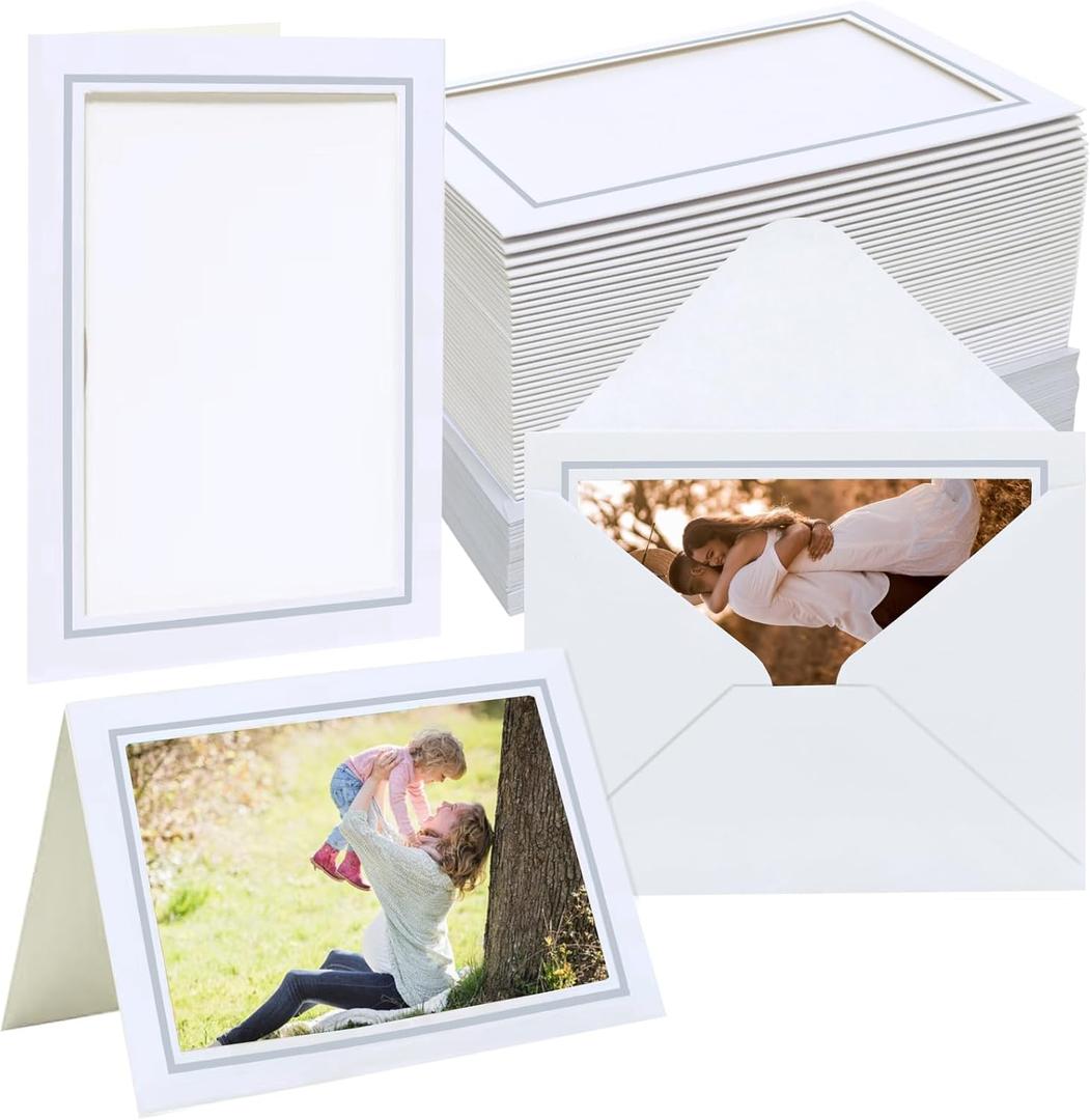 100 Pack Photo Frame Cards with Envelopes 4x6 Paper Picture Frame Bulk Blank Photo Insert Cards for Wedding,Graduation,Mother's Day, Classroom DIY - White with Silver Trim