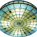 Blue Tiffany Style Ceiling Light, Elegant Stained Glass Flush Mount Ceiling Light, Decorative Round Ceiling Lamp for Bedroom, Entryway (15.7")