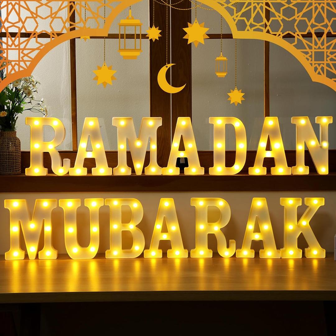 14 Pcs Ramadan Mubarak Large LED Letter Sign Powered Battery Light Hanging Decor for Party Decorations Indoor Outdoor