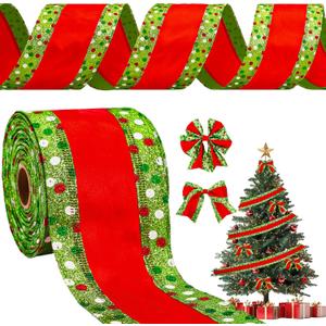 Whaline Christmas Wired Edge Ribbon Red Green Dots Stripe Glitter Fabric Craft Ribbon for Xmas Tree Bow Wreath Gift Wrap Holiday Party Home Decor, 4 Inch, 15 Yards