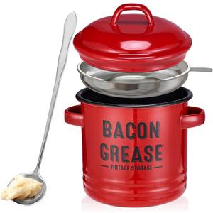 Bacon Grease Container with Strainer - Large 46OZ Red Kitchen Oil Storage Can, Food Saver Bin with Lid | Farmhouse Cooking Pot Keeper Collector, Dishwasher Safe - Red
