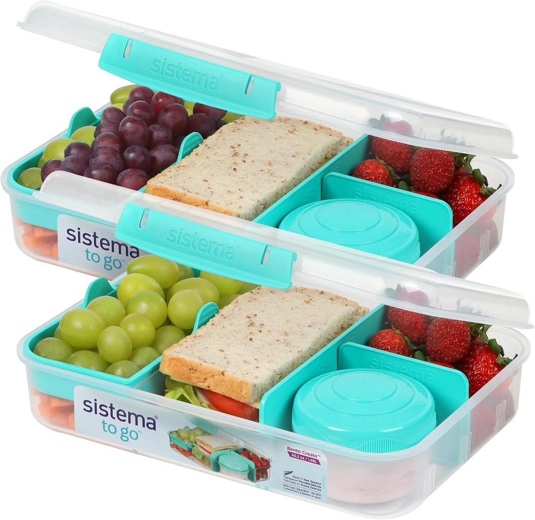 Sistema To Go 1.48L (2-Pack) Bento Box Food Storage Containers, School Lunch Boxes with Removable Dividers & Snack Pot, Two 1.48L Containers, Freezer, Microwave, & Dishwasher-Safe, BPA-Free