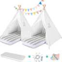 2 Pack Teepee Tent for Kids with Inflatable Airbed, Light, Indoor Toddler Sleepover Tents Children Room Tents for Slumber Party, Outdoor Kids Play Tent Play House for Girls & Boys