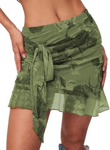 SEBOWEL Women Floral Mesh Mini Skirt Summer Ruffle Layered Sheer See Through Skirt Ruched Wrap Bodycon Sexy Short Skirts, Size S,M, Set of 2