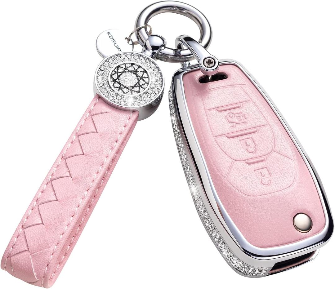 for Chevy Key Fob Cover with Keychain, Pink Genuine Leather Crystal Key Case Protection Shell Compatible with Chevrolet