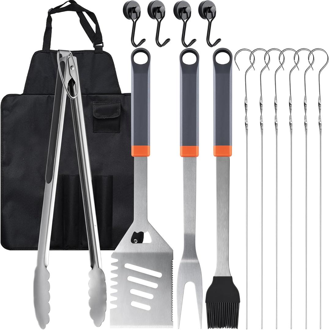 15PCS Grill Set, BBQ Grilling Accessories with Tongs Spatula Skewers, Stainless Steel Grill Utensils Set with Hooks & Apron Storage Bag for Outdoor Cooking, Camping, Practical Gifts for Men Dad