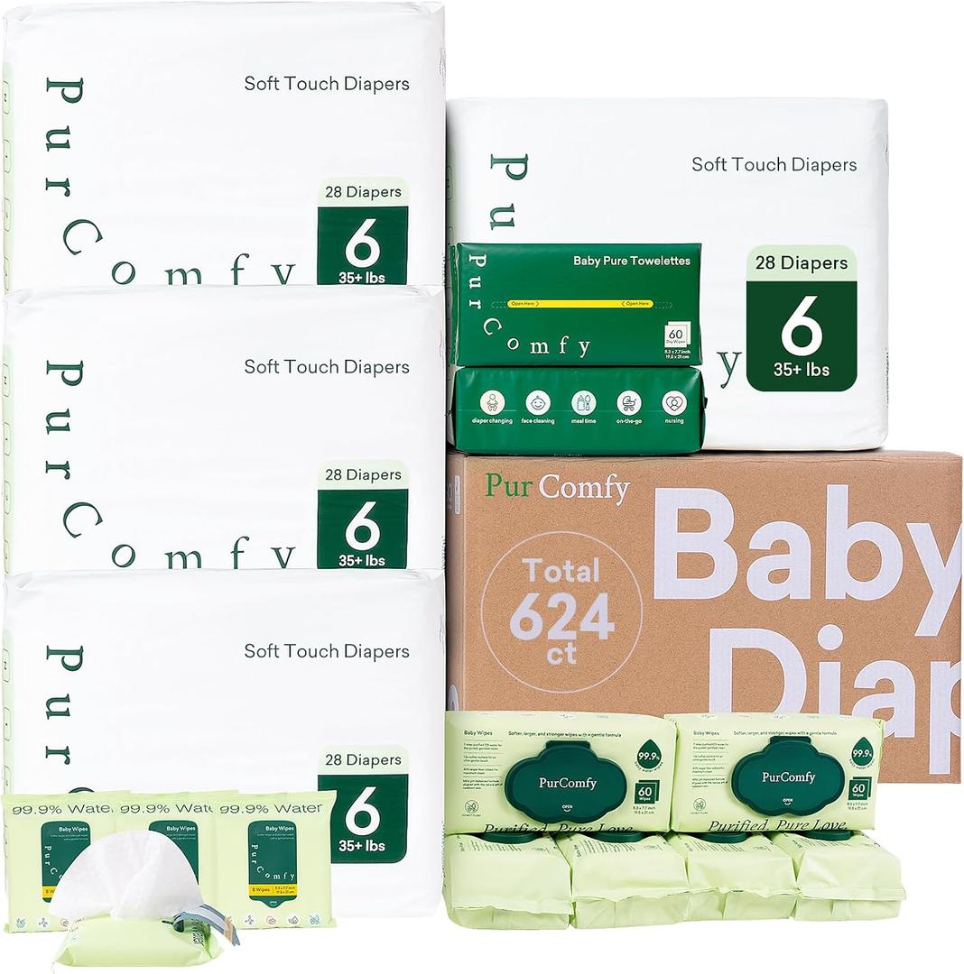 PurComfy Baby Diapers and Wipes Kit, Size 6, Baby Wipes, Baby Dry Wipes