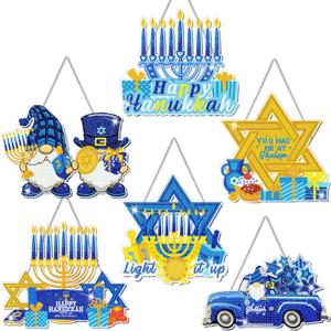 Zonon 6 Pcs Hanukkah Diamond Art Painting Hanging Sign Set Hanukkah Star Diamond Art Adults 5d DIY Craft Acrylic Pendant Ornaments Kits for Home Wall Door Window Decor (Blue)