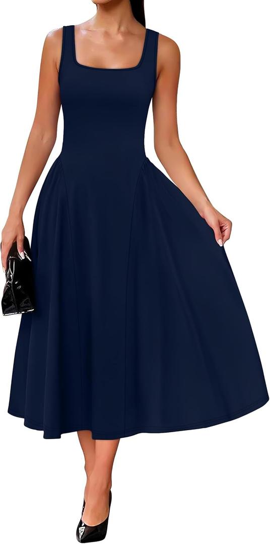 OFEEFAN Summer Dresses for Women Square Neck Corset A Line Maxi Dress Ruffle Ruched Waist Flowy Outfits (Blue, M)