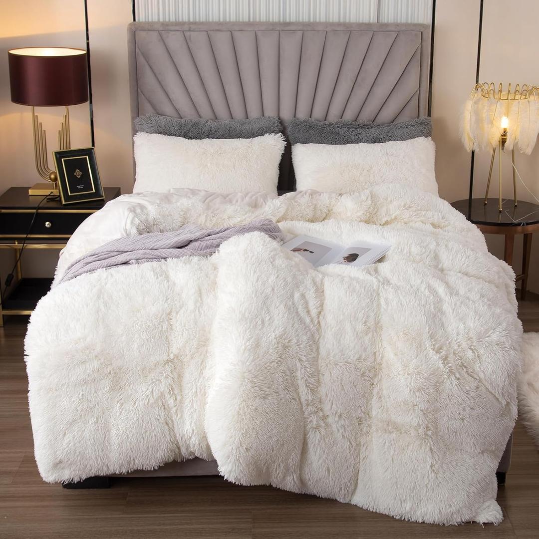 EMME Luxury White Fuzzy Duvet Cover Set King Size 3 Pieces Fluffy Comforter Cover Set for King Bed Shaggy and Plush Soft Bedding Duvet Covers (White, King), King/Cal. King