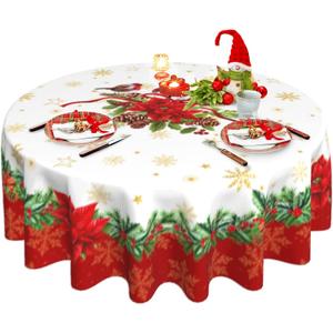 Oaxscug Christmas Round Tablecloth 70 Inch, Winter Gold Snowflake Red Floral Table Cloth for Xmas Farmhouse Kitchen Decor, Wipeable Polyester Fabric Table Cover for Holiday Party