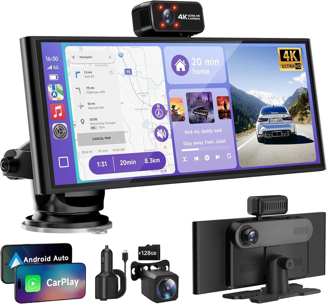 CarPlay Screen for Car Tablet Android Auto Smart Screen for Car, 4K Dash Cam Portable Car Play with 3 Channel Camera,10.26 Wireless Display with FM Radio Stereo Bluetooth 5.2, 128GB TF Card Black