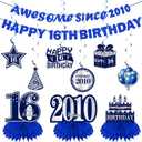 Kuxriox 11Pcs 16th Birthday Decorations Kit for Boys Men, Blue Sliver Happy 16th Birthday Banner, Awesome Since 2010 Centerpieces Swirls Party Supplies, Sixteen Bday Banner Ceiling Table Topper Sign