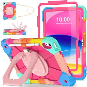 WESOROL Case for iPad (A16) 11th/10th Generation 2025/2022 with Screen Protector Rotating Stand Pencil Holder Shoulder Strap Heavy Duty Shockproof Cover for iPad 10th Gen Case,Colorful Pink