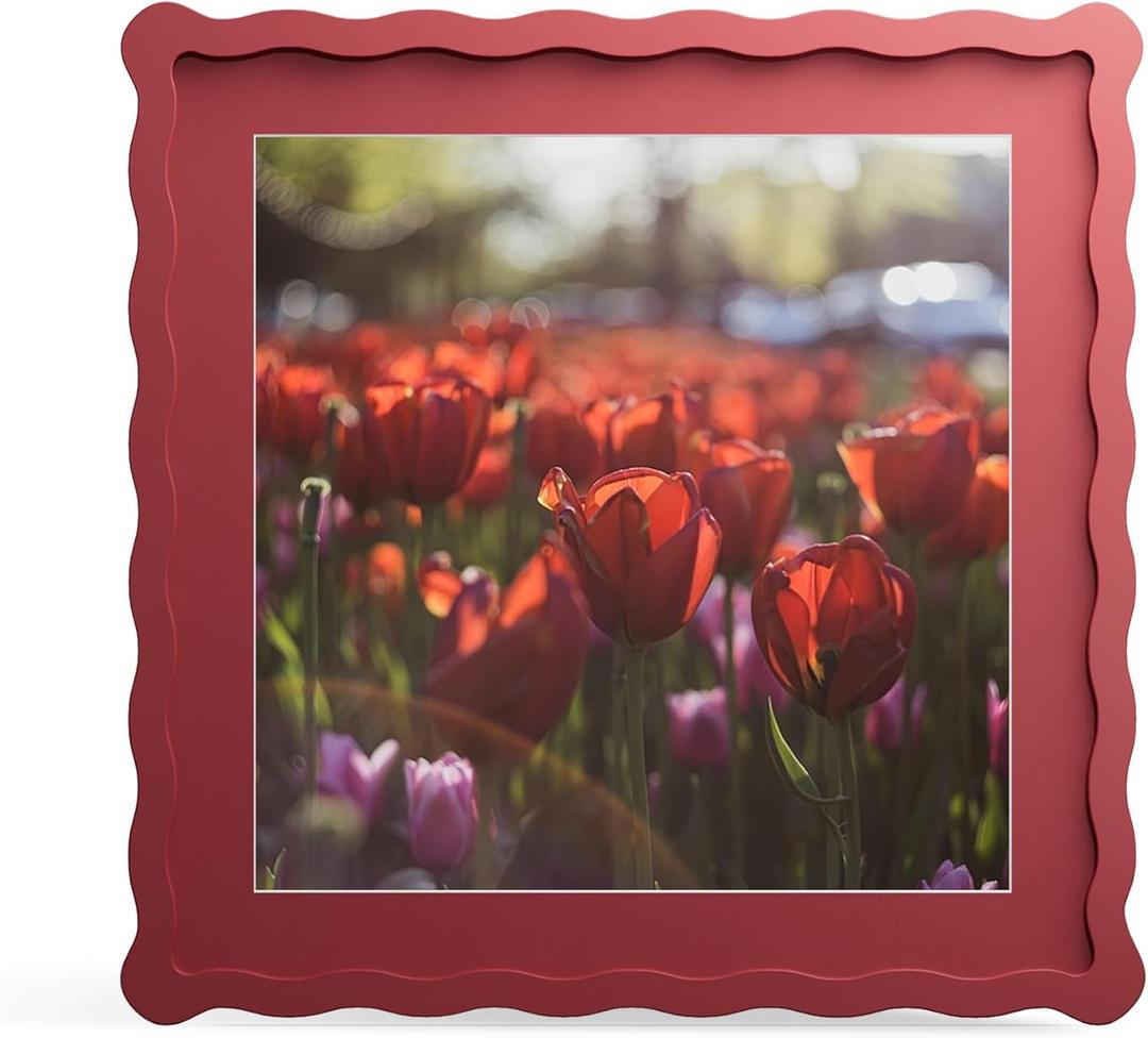 12x12 Picture Frame with Mat for 10x10, Wavy Edge Wooden Real Glass Photo Frame for Wall Hanging, Red, 1 Pack