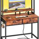 Furologee 36 Inch Small Computer Desk with Hutch, Power Outlet and LED Light Study Home Office Desk for Bedroom, Work Writing Table with Drawers, Vanity Table with Storage & Shelves, Rustic Brown