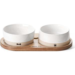 LE TAUCI PET Dog and Cat Bowl Set with Acacia Wood Tray - 2 Cup Ceramic Puppy Bowls for Cats &Small Dogs, Dual Food and Water Bowls with Weighted Non-Slip Base