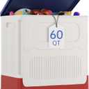 HAIXIN Storage Bin with Lid - 60 QT Plastic Storage Box with Wheels 14.8 Gal Flip-top Organizer for Clothes Large Toy Chest with Animal Stickers for Kids, White Bin with Blue Lid and Red Base