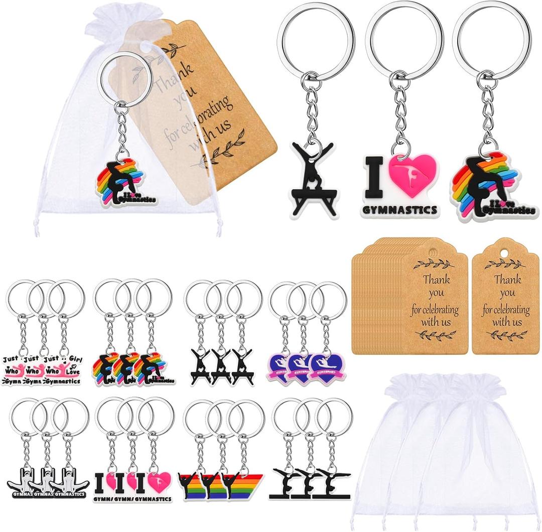 Quelay 24 Pcs Gymnastics Party Favors Gymnastics Keychains Gymnast Gifts Gymnast Theme Birthday Party Supplies with Organza Bag and Thank You Kraft Tag for Backpack Handbag Decoration