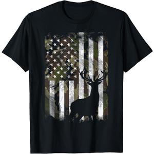 Camo US Flag Deer Elk Buck Camoflage Hunting Hunter Dad Gift Short Sleeve T-Shirt, Size 3XL